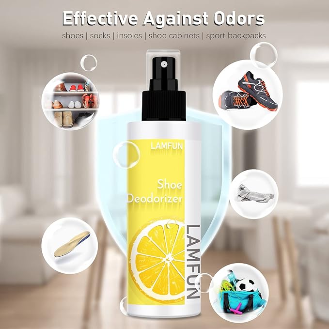 Shoe Deodorizer Spray, Lamfun Natural Odor Eliminator for Smelly Feet, Shoes and Gym Bags, Foot Deodorant Fights Odor, Lemon Fragrance, 150ml