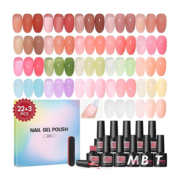 COSCELIA 25pcs Jelly Gel Nail Polish Set, 22 Fall Colors Jelly Gel Polish with 3pc Top Base Coat Brown Red Nude Pink Crystal Transparent Gel Polish French Nail Art Kit Christmas Gifts for Women
