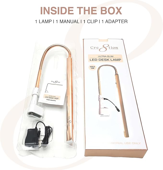 Cre8tion Ultra‑Slim LED Desk Lamp, Champagne Gold, 12 W Sleek Task Light for Nail Salons, Lash Techs, Home Offices (Champagne Gold)