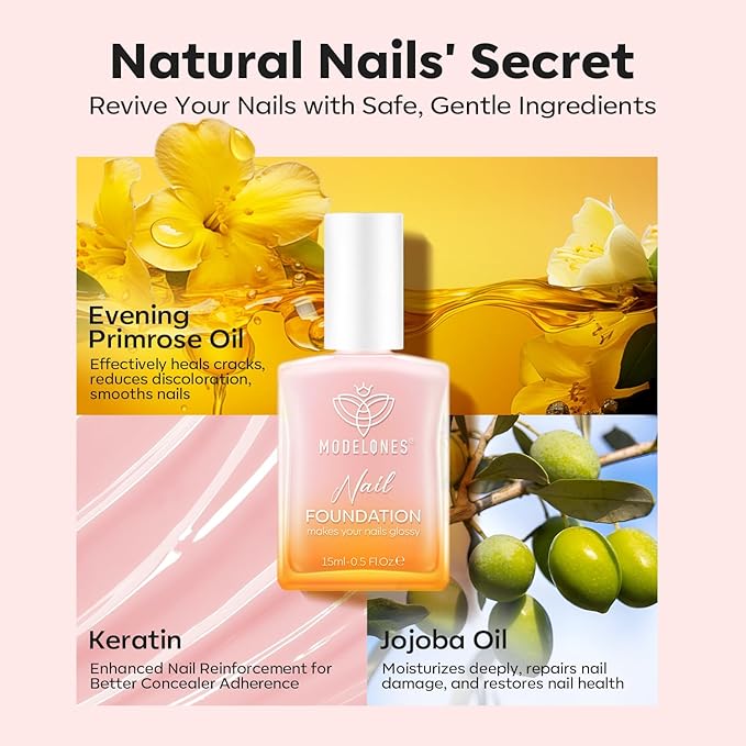 modelones Nail Strengthener Peachy Pink Nail Repair for Damaged Nails Strengthening Polish 15ml Nail Growth and Strengthener Natural Concealer Foundation Nail Care Gifts for Women