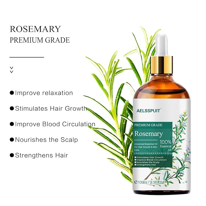 Rosemary Essential Oil for Hair Growth & Scalp Care - 3.38 Fl Oz (100ml) 100% Pure Organic Cold Pressed Oil in Glass Bottle - Aromatherapy Diffuser, Skin & Nail Treatment(Large, Rosemary)