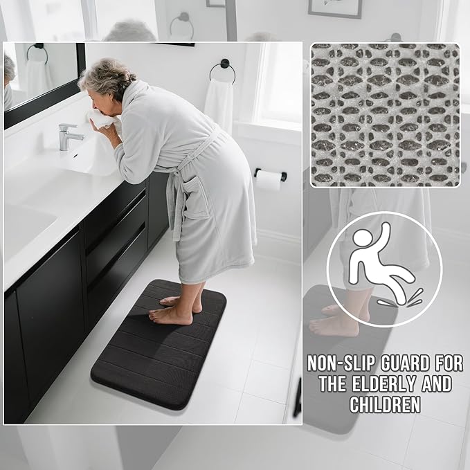 Yimobra Memory Foam Bath Mat, Super Soft Absorbent Bathroom Rug Non Slip, Quick Dry, Machine Washable Floor Carpet for Tub Shower, Home Decor Accessories, 24x17, Black