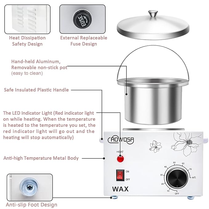 Professional Waxing Kit Wax Warmer Single Pot Wax Heater Machine for Hair Removal, Large Waxing Pot with Non-Stick Easy Clean Pot, 50 Sticks & 20 Collar, for Spa Salon Beauty Esthetician Home(White)