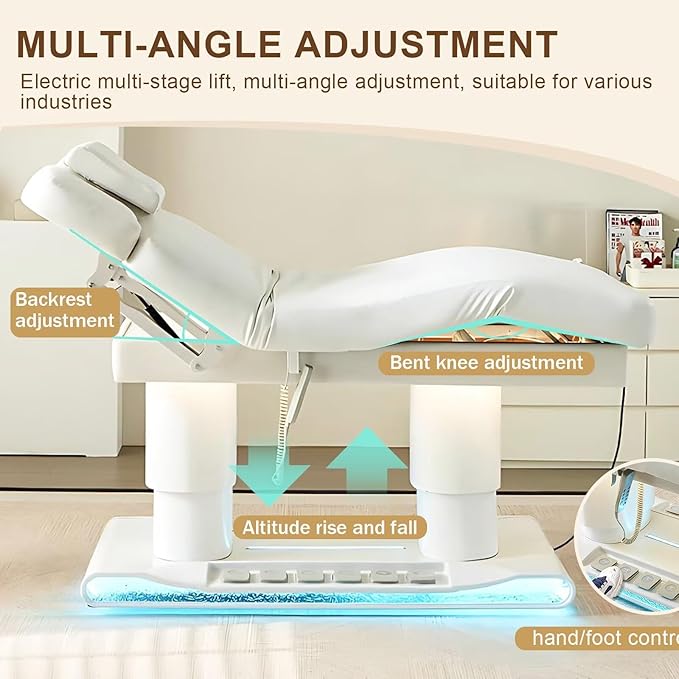 4.0 Electric Massage Table (Multi-Functional Adjustment)(Heating Function)(Foot Control)(Ice-Blue Ambient Light Base), Lash Bed with Modern Ergonomic Design