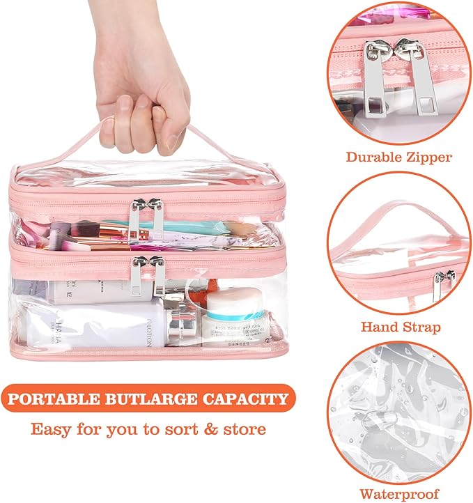 HAOGUAGUA Double Layer Clear Cosmetic Bag Makeup Bag, Waterproof Travel Toiletry Bag, Transparent PVC Pouch Organizer (Pink Large)