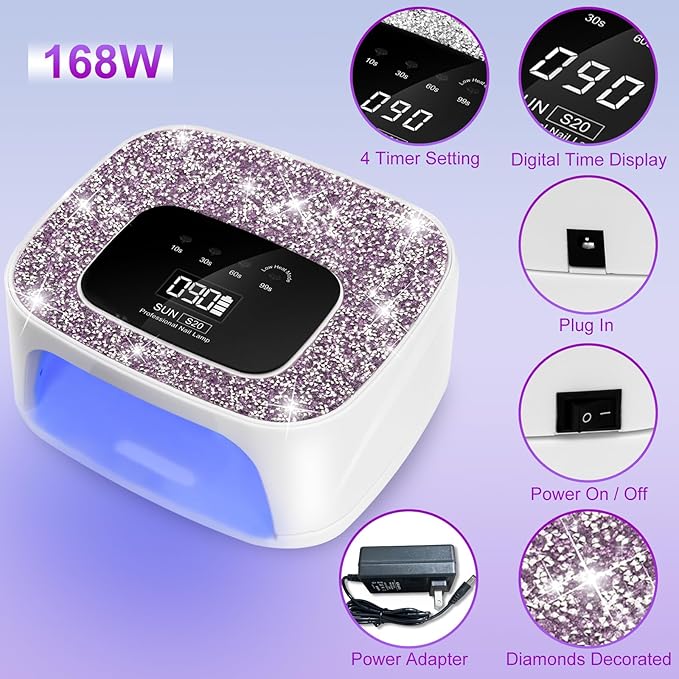 UV LED Nail Lamp Dryers Cordless 168W Diamond UV Light for Gel Nails Polish,Fast Curing Colored Poly Builder Gel Lamp with Sensor 4 Timer Touch Screen 36 LED,Professional Manicure Pedicure Art Tools