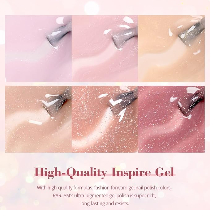RARJSM Nude Glitter Gel Polish Set 6pcs Shimmery Jelly Nail Polish Iridescent Sparkly Pink Purple Apricot Beige Translucent Natural Skin Tone Color 7.5ml Soak off UV LED Cured
