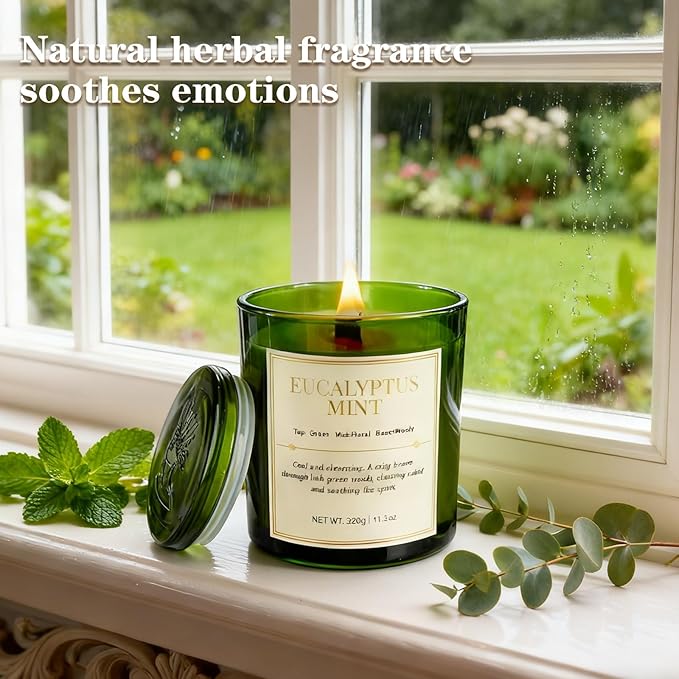 2 Pack Candles for Home Scented,Wood Wick Eucalyptus Mint Scented Candle,22.6 oz 150 Hour Long Burning Lasting, Natural Soy Wax Candles Gifts Set,for Christmas Day