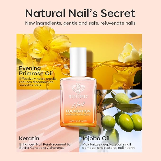 modelones Nail Strengthener, Glitter Clear Nail Natural Concealer Foundation Polish Air Dry Nail Growth Polish for Damaged Nails Imperfection Masking Gifts for Women 15ml