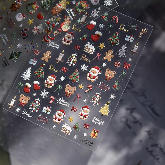 Christmas Nail Art Stickers Decals 5D Embossed Santa Claus Xmas Tree Nail Decals with Crystal 1PCS Cute Bear Bow Candy Cane Snowflake Christmas Nails Adhesive Stickers for Holiday Manicure Decorations