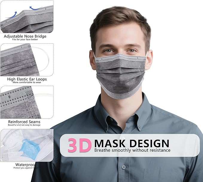 akgk 100PCS Grey Disposable Face Masks, 3-Ply Breathable Grey Face Mask For Adults