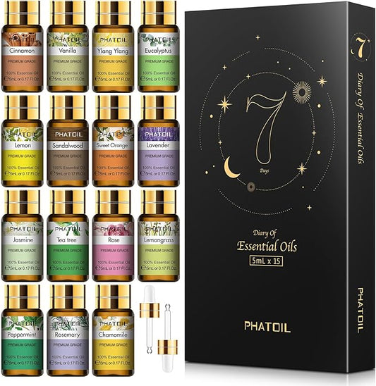 PHATOIL 15PCS Essential Oils Gift Set - Premium Quality 100% Natural Pure Essential Oils for Aromatherapy Diffuser Yoga Home Office Soap Candle Making- 5ml/Bottle