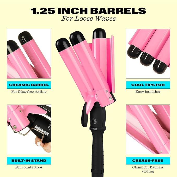 Trademark Beauty Three Barrel Hair Waver, Curling Iron, 1.25 Inch, Beach Waves, Adjustable Temperature Hair Curler, Babe Waves Jumbo - Pink
