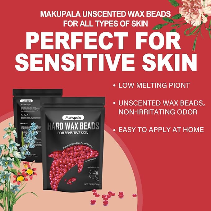 3lb Hard Wax Beads Bulk, Commercial Salon Quality Hypoallergenic Waxing Bead, Unscented Sensitive Skin Stripless Wax Pellets, Coarse & Fine Hair Removal Refill for Body, Bikini Line, Underarm, Legs