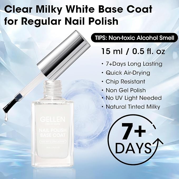 GELLEN Clear Nail Polish Base Coat Sheer Tinted Milky White, Natural Color Regular Nail Polish, Calcium Formula Strengthens Nails, Enhances Nails Natural Look, Quick Air Dry, Hema Free, Non-toxic