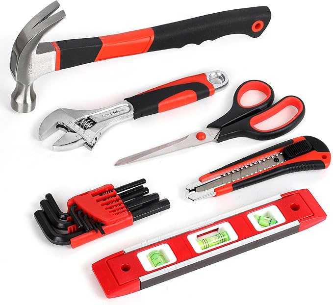 FASTPRO 220-Piece Home Tool Set, Household Repairing Tool Kit with 12-Inch Wide Mouth Open Storage Tool Bag, Red