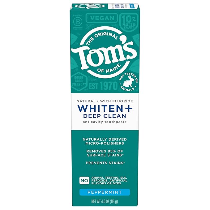 Tom’s of Maine Whiten Plus Deep Clean Whitening Toothpaste, Natural Whitening Toothpaste with Plant-Based Cleansers, Enamel Safe Formula, Whitens Without Causing Sensitivity, Peppermint, 4.0 oz