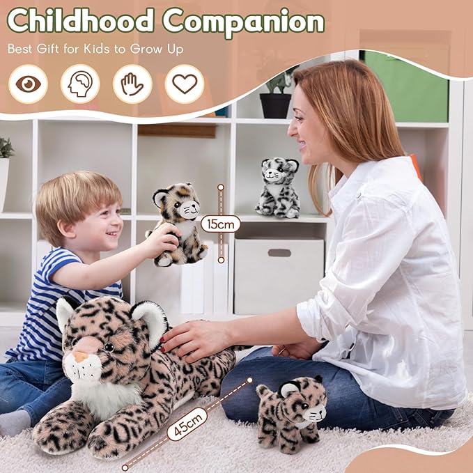 MorisMos Pink Cheetah Stuffed Animal with Babies,18" Large Mommy Leopard with Cub Plushies,Mama & Baby Leopard Stuffed Animals Set,Realistic Cheetah Toys Gift for Girl Kid Birthday Jungle Party Decor