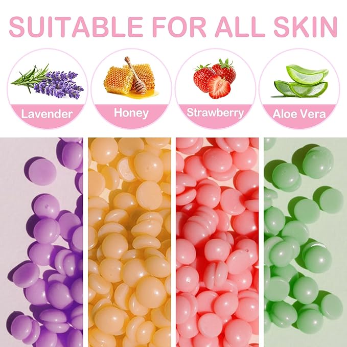 4 Packs Hard Wax Beads for Hair Removal,Gentle Waxing Beads for Full Body,Face,Underarm,Bikini and Legs,Long Lasting Hair Removal Waxing Kit with 10 Wax Scraper Sticks