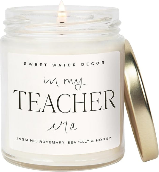 Sweet Water Decor in My Teacher Era Candle - Teacher Appreciation Gift - Jasmine, Rosemary, Sea Salt Scented Candle - 9 oz Soy Candle in Clear Jar with 40+ Hours Burn Time - Gifts for Teachers