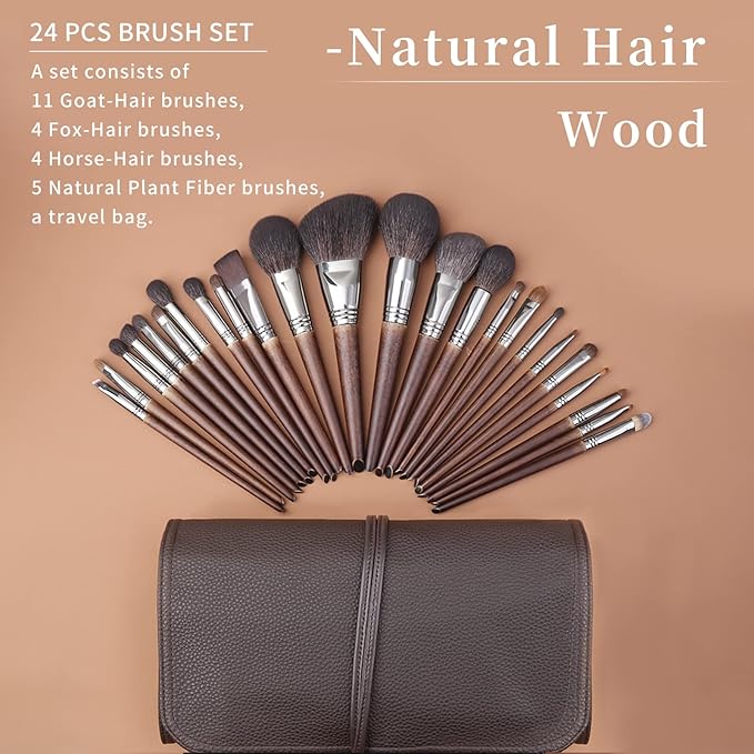 Deluxe Natural Goat Hair Makeup Brush Set with Case, 24 Cosmetic Brushes Makeup Set, Wooden Natural Makeup Brushes, Natural Bristle Makeup Brush, Natural Hair Makeup Brushes Set Professional.