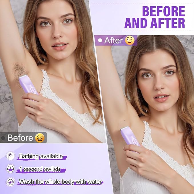 Women's Bikini Trimmer, 2-in-1 Electric Shaver for Bikini Line, Legs, Underarms, Face - Waterproof Women's Electric Shaver for Sensitive Skin, USB Rechargeable(Purple)