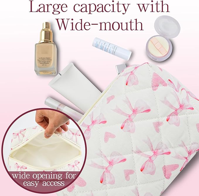 Quilted Makeup Pouch,Cotton Puffy Makeup Bag, Coquette Cosmetic Bag for Women and Girls, Aesthetic Organizer Bag, Cute Flower Travel Toiletry Bag