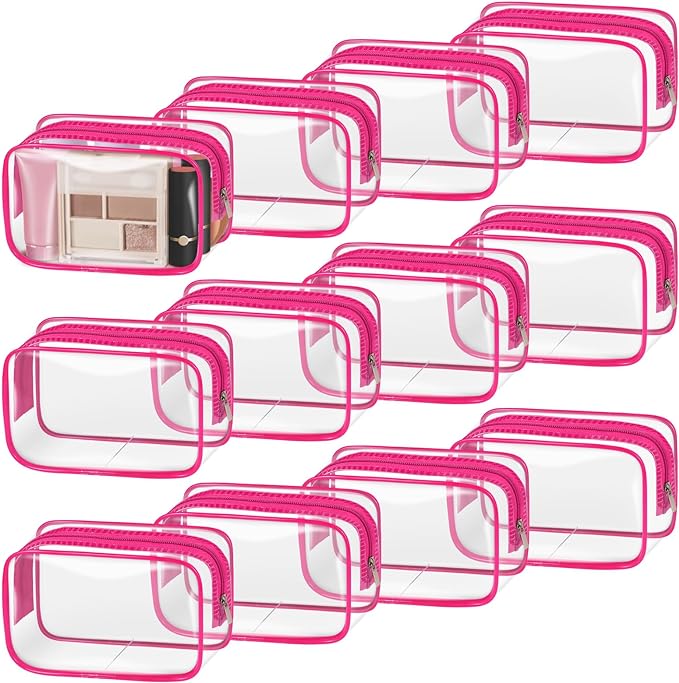 TISRATOK 12 PCS Clear Makeup Bag for Women with Zipper, TSA Approved Toiletry Pouch, Cosmetic Bag Bulk for Travel Organizer Essentials - Rose Red, Small