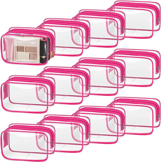 TISRATOK 12 PCS Clear Makeup Bag for Women with Zipper, TSA Approved Toiletry Pouch, Cosmetic Bag Bulk for Travel Organizer Essentials - Rose Red, Small