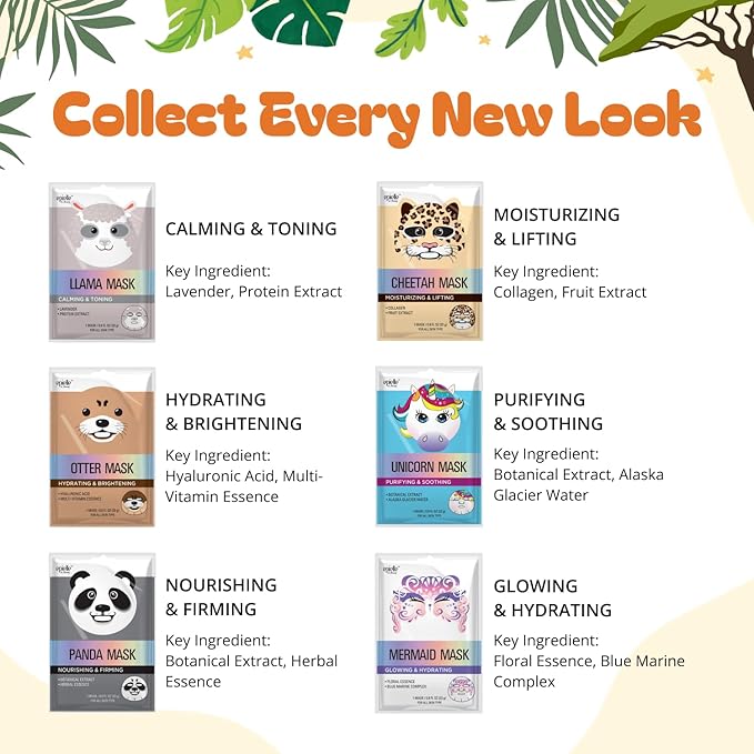 Epielle Character Face Mask Mystical Safari 12 Pack, Fun & Effective Korean Skin Care, Spa Party Favors, Stocking Stuffers, Birthday Gifts for Women, Thanksgiving Essentials