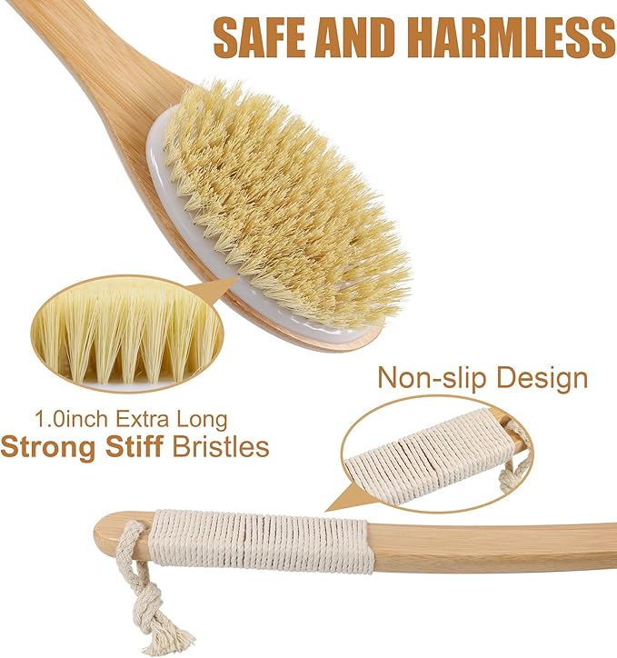 OWIIZI Back Scrubber Brush for Shower,Curved Extra Long Handle Bamboo Stiff Bristle Body Brush for Exfoliating,Natural Agave Stiff Sisal Shower Scrubber for Back Use Wet or Dry-17.9inches