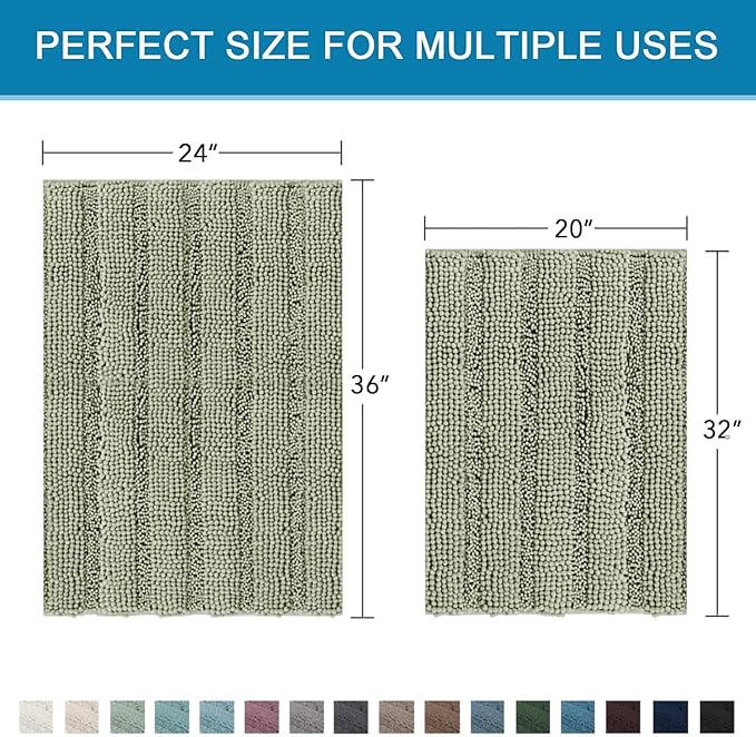 H.VERSAILTEX Bathroom Rug Sets 2 Piece Bath Mats Non Slip Thick Soft Chenille Striped Bath Rug achine Washable Shower Floor Rugs for Tub, Shower and Floor (Eucalyptus Green, 20" x 32"/24" x 36")