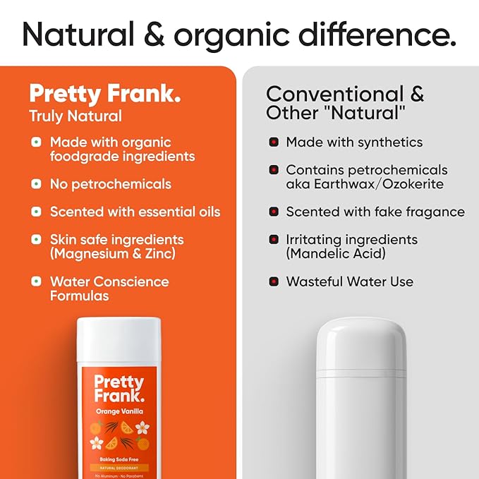 Pretty Frank Natural Aluminum-Free Deodorant Stick, Baking Soda-Free, Orange Vanilla (1-Pack) | Sensitive Skin Friendly, Effective Odor Control for Women & Men, Organic Ingredients and Essential Oils