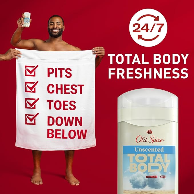 Old Spice Whole Body Deodorant Stick for Men, Aluminum Free, Unscented, 24/7 Odor Protection, 24/7 Lasting Freshness, Dermatologist Tested, Gentle on Skin, Safe to Use All Over, 3.0 oz