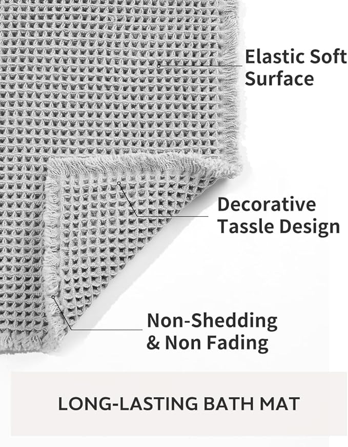 tchdio Waffle Bath Mat-Runner Rug, Super Absorbent Non Slip Bath Mats for Bathroom Machine Washable Long Rugs with Tassels, Bath Rugs for Bathroom Floor Beside Tub, 2' x 5', Light Grey