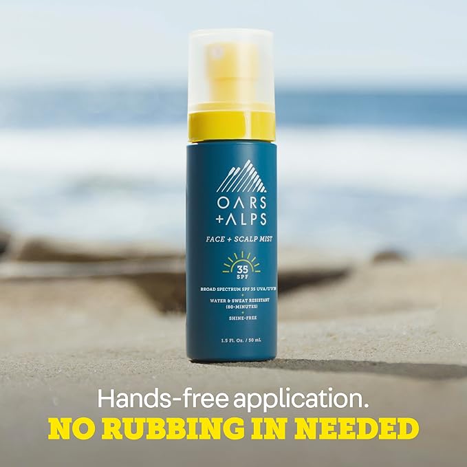 Oars + Alps Face & Scalp Sunscreen Spray Mist, SPF 35 Facial & Hair Sunscreen, Infused with Aloe Vera + Cucumber, Water & Sweat Resistant, Summer Splash Scent, 1.5oz