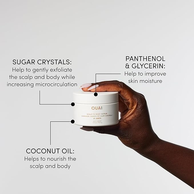 OUAI Scalp & Body Scrub, St. Barts Travel Size - Exfoliating Body Scrub with Sugar & Coconut Oil Blend for Smooth, Moisturized Skin - Gentle Scalp Exfoliator for Removing Product Build Up (3.4 oz)
