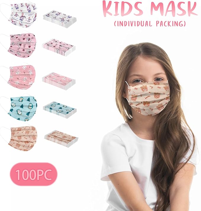 Rasav Kids Disposable Face Masks,3 Ply Kids Masks Disposable Breathable Colorful Cute Face Masks for Children, Girls & Boys