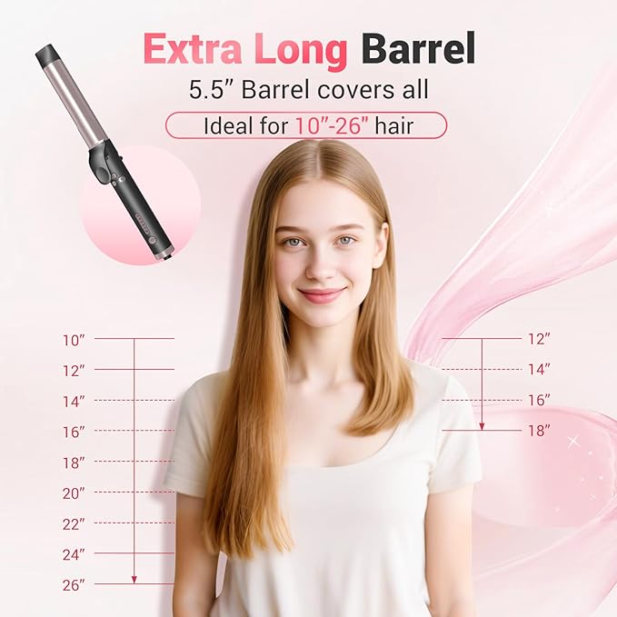 Rotating Automatic Curling Iron for Waves-Curling Wand for Long Hair, Extra Long Barrel Ceramic Hair Curler for Women,Dual Voltage, 5 Temps & 30s Heat-up (Rose Gold, 1.25 inch)
