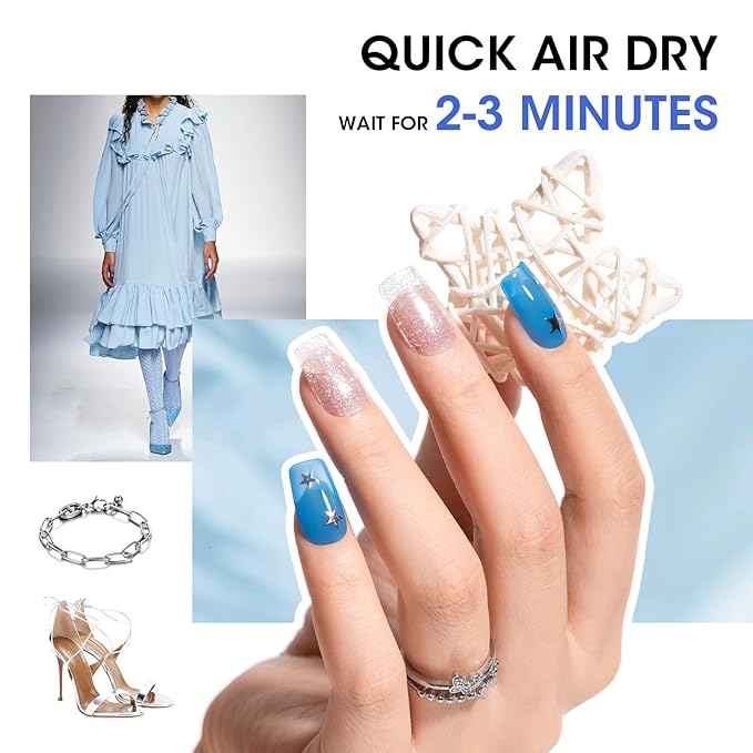 Gellen Blue Jelly Nail Polish, Sheer Nail Polish Quick Dry Summer 6 Colors Blue Glitter Set, Natural Traditional Regular Nails Polish for Acrylic Natural Nails Home Salon, No Gel, Hema Free, Non-toxic