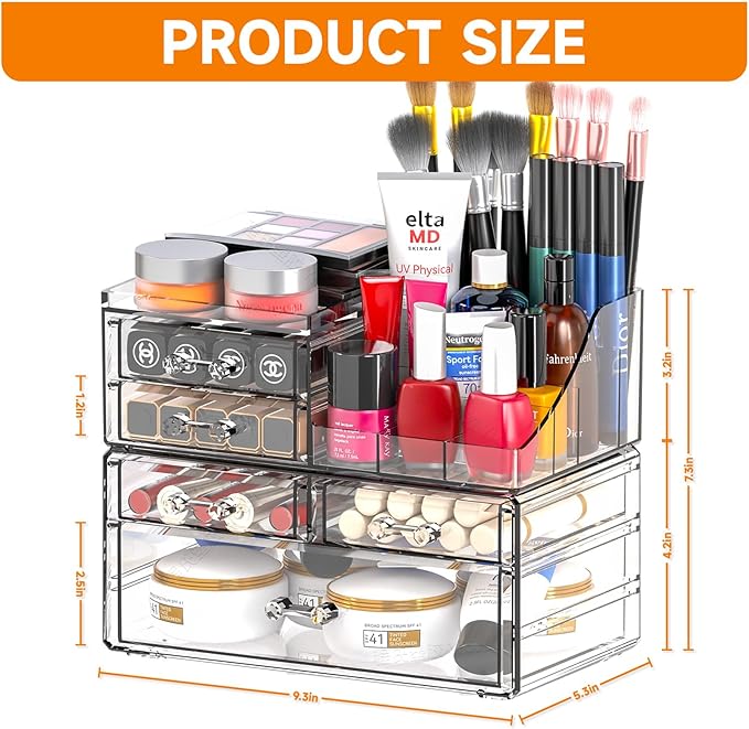 SUOXING Clear Acrylic Makeup Organizer for Vanity,Bathroom,Dresser,5 Drawer Make up Organizers for Counter,Plastic Countertop Makeup Storage for Beauty,Hair Accessory,Brush,Cosmetic,Skincare Organizer