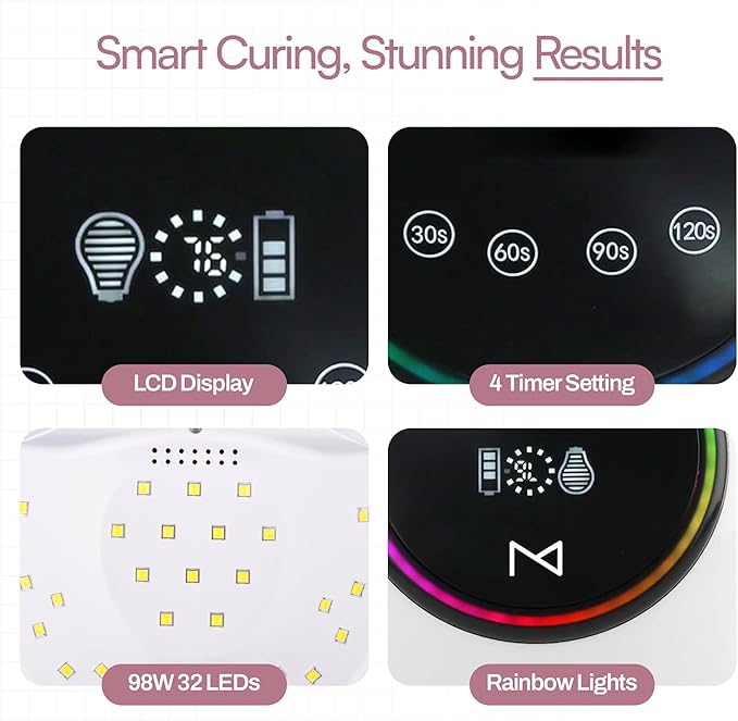 M - HaloLite LED Nail Curing Lamp 98W, 32 LEDs, Wireless Rechargeable with 5200mAh Battery, Fast UV/LED Gel Nail Dryer for Salon & Home Use, Long-Lasting, Portable, Cordless Design (Black)