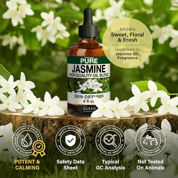 KUKKA Jasmine Essential Oils - 4 Fl Oz - for Hair, Skin, Diffuser, Aromatherapy & DIY Soap Making Scent