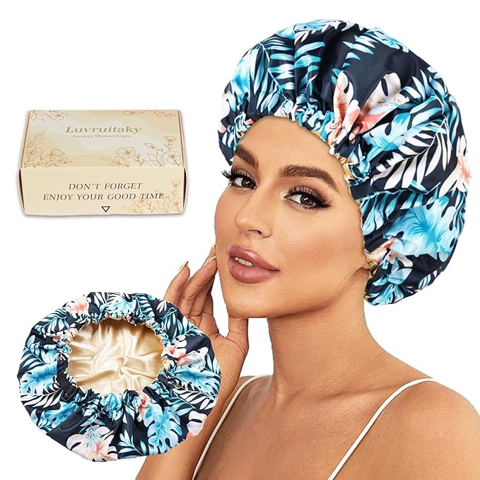 Shower Caps for Women Waterproof Reusable… (Black Palm)