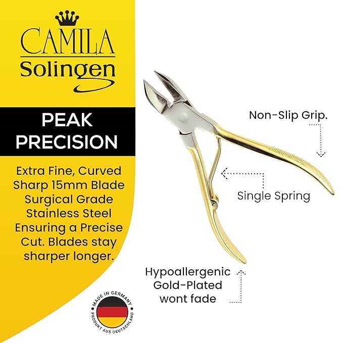 CS11 Professional 4" Fingernail Toenail Nipper/Clipper/Cutter for Manicure/Pedicure. Heavy Duty Precision Super Sharp Curved Stainless Steel 15mm Blade from Solingen Germany (Gold)
