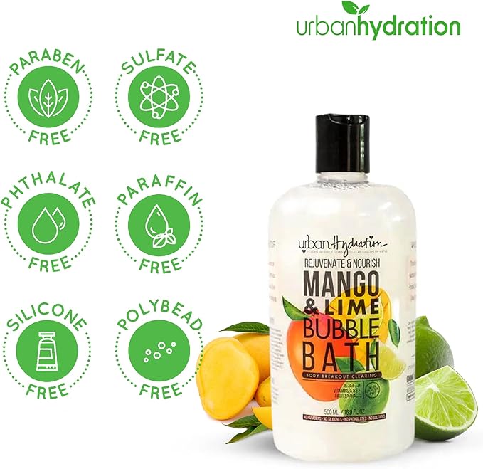 Urban Hydration Mango & Lime Bubble Bath, Foaming Bath Soak with Mango Seed Butter & Citrus Extracts, Natural Bubble Bath for Men & Women, Sulfate Free & Ideal for All Skin Types - 16.9 FL Oz