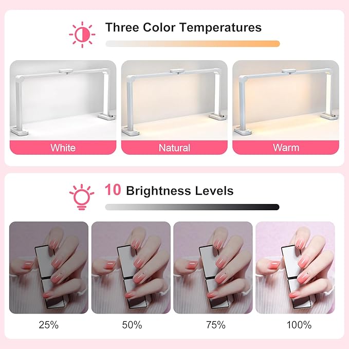 34in Half Moon Light for Nail Desk, Foldable LED Lamp with Phone Holder, Nail Art, Tattooing, Craft Making, Stepless Dimming, 3000-6000K Color Temperature Adjustment, 456 Light Beads, White