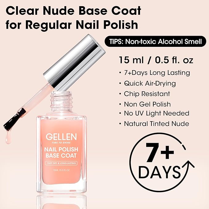 GELLEN Clear Nail Polish Base Coat Sheer Tinted Nude, Natural Color Regular Nail Polish, Calcium Formula Strengthens Nails, Enhances Natural Look, Quick Air Dry, Anti-Yellowing, Hema Free, Non-toxic
