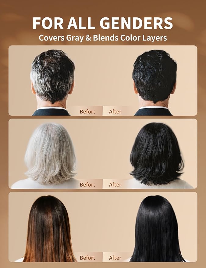 Black Hair Dye Shampoo, 3-in-1 Hair Color, Permanent, Unisex, 100% Gray Coverage, Seamless Root Blend, Last More than 30 Days, 7 Plant Extracts, Frizz-Free, with Dye Tools, 500ml