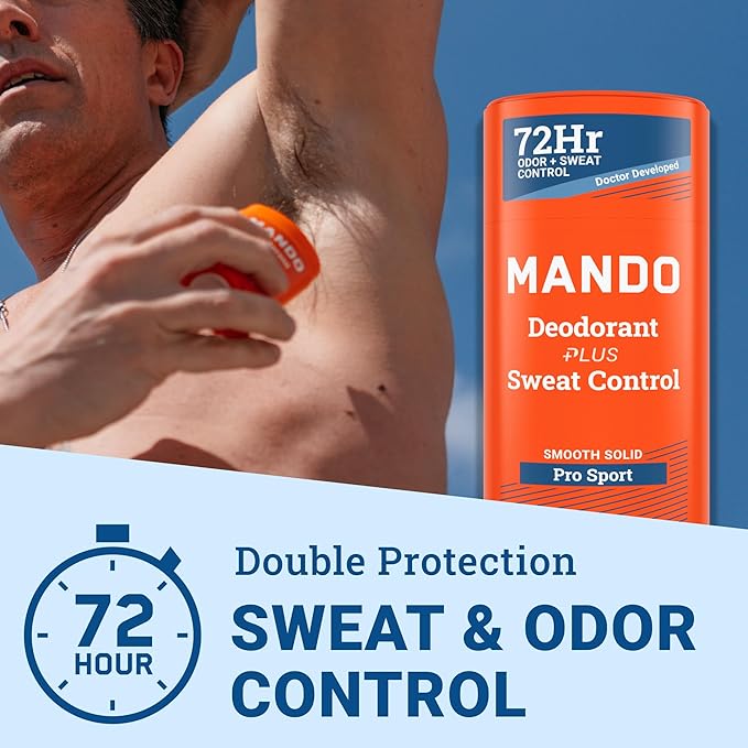 Mando Antiperspirant Deodorant Sweat and Odor Control for Men – Extra Strength Smooth Solid Stick – 72 Hour Performance – Baking Soda Free, Skin Safe – 2.6 oz – Pro Sport – Pack of 2